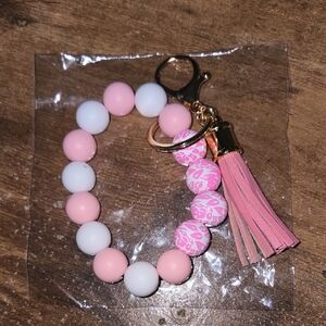 Pink and White Beaded Keychain Bracelet